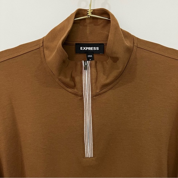 Express Fulton Tipped Quarter Zip Tee Brown Size Medium Long Sleeve - Picture 6 of 8